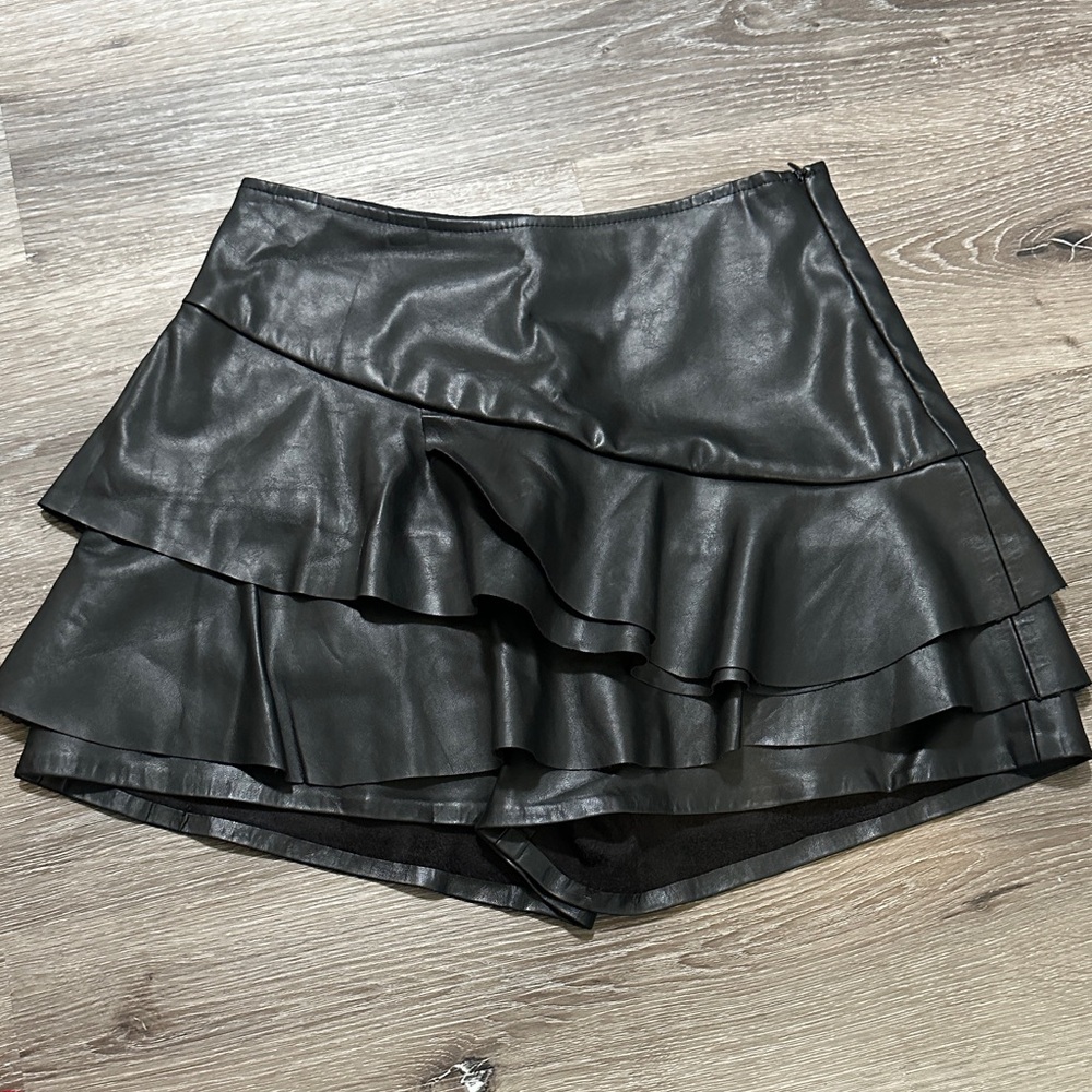 Black Faux Leather Ruffle Mini Skort